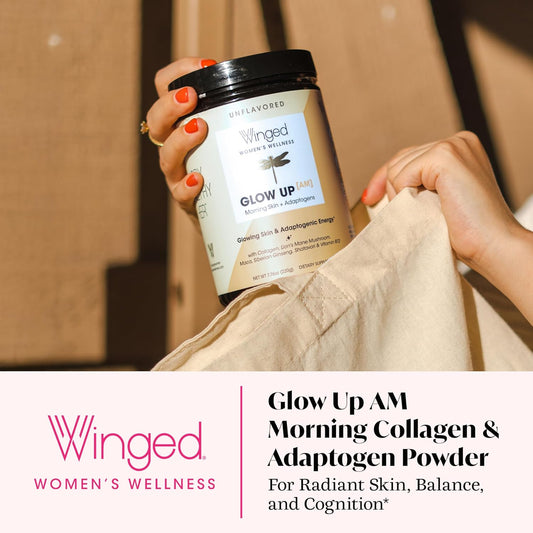 Winged Wellness Glow Up Am, Collagen Powder For Women - Morning Beauty Supplement For Glowing Skin With Grass-Fed Hydrolyzed Collagen Peptides, Lion'S Mane & Maca Root - 21 Servings, Unflavored