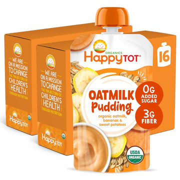 Happy Tot Organics Oatmilk Pudding, Dairy-Free, Stage 4 Toddler Snack, Oatmilk, Bananas & Sweet Potatoes, 4 Ounce Pouch, Pack Of 16