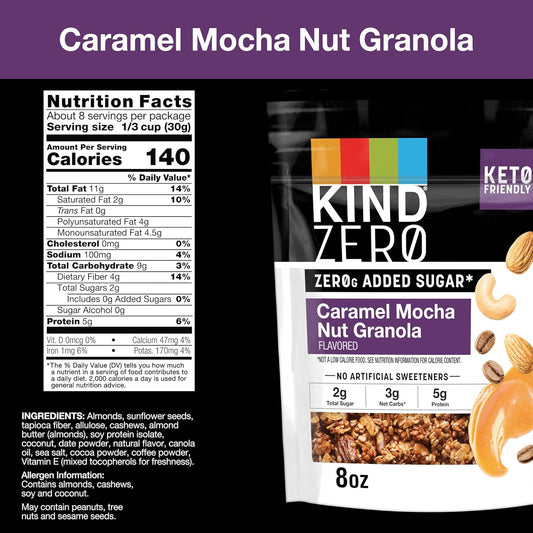 Kind Zero Added Sugar Granola, Caramel Mocha Nut, Healthy Snacks, Good Source Of Fiber, Gluten Free, Low Sugar, 5G Protein, 5 Count