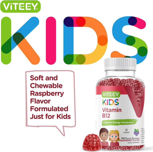 Vitamin B12 For Kids Gummies, 1000Mcg - Metabolism, Natural Energy Support - Vegan, Gelatin Free, Gluten Free, Gmo Free - Tasty Chewable B12 Raspberry Flavored Gummy
