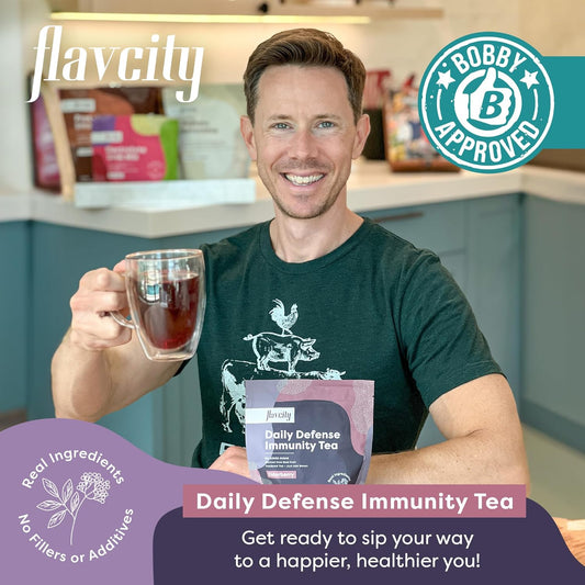 Flavcity Daily Defense Elderberry Immunity Tea With No Added Sugar - Delicious Caffeine-Free Herbal Tea Mix With Acerola Vitamin C & Zinc - Shelf-Stable, Vegan, Keto & Non-Gmo (7.4 Oz, 30 Servings)