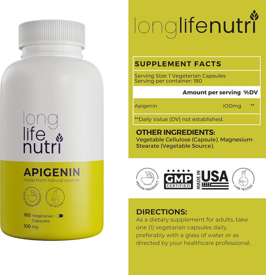 Apigenin Supplement 100Mg 180 Vegetarian Capsules | Powerful Bioflavonoid Found In Chamomile Extract | Natural Prostate Health Support | Pure Herbal Complex For Sleep Stress Mood | 100 Mg Powder Pill