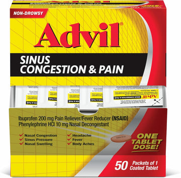 Advil Sinus Congestion And Pain, Sinus Relief Medicine, Pain Reliever And Fever Reducer With Ibuprofen And Phenylephrine Hcl - 50 Coated Tablets