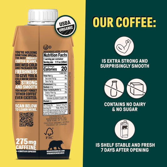 Wandering Bear Straight Black Organic Cold Brew Coffee On-The-Go, Iced Coffee, 11 Fl Oz, 12 Pack - Extra Strong, Smooth, Unsweetened, Shelf-Stable, Ready To Drink