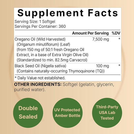 Naturebell Oregano Oil 7,500Mg With Black Seed Oil, 360 Softgels | 360-Day Supply Essential Oils For Immune Health | Retains High Concentrated Carvacrol & Thymoquinone β Non-Gmo