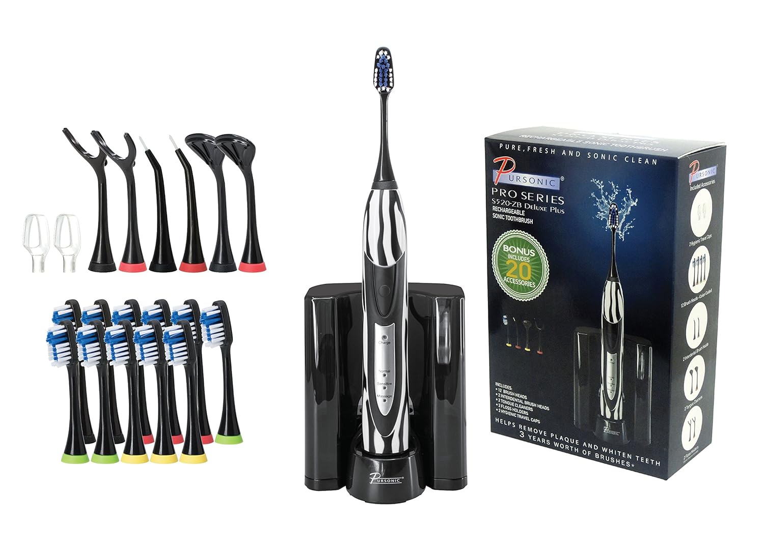 Pursonic S520 Rechargeable Sonic Toothbrush- Includes 20 Accessories: 12 Brush Heads & More, Black : Health & Household