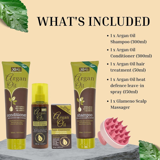 Argan Oil Shampoo And Conditioner (300Ml) With Argan Oil Heat Protection (150Ml) And Hair Treatment (50Ml) Bundled With Glameno Scalp Massager