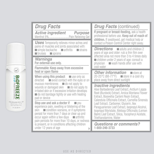 Biofreeze Professional Strength Pain Relief Gel, Arthritis Pain Reliver, Knee & Lower Back Pain Relief, Sore Muscle Relief, Neck Pain Relief, Fsa Eligible, 3 Fl Oz Biofreeze Menthol Roll-On