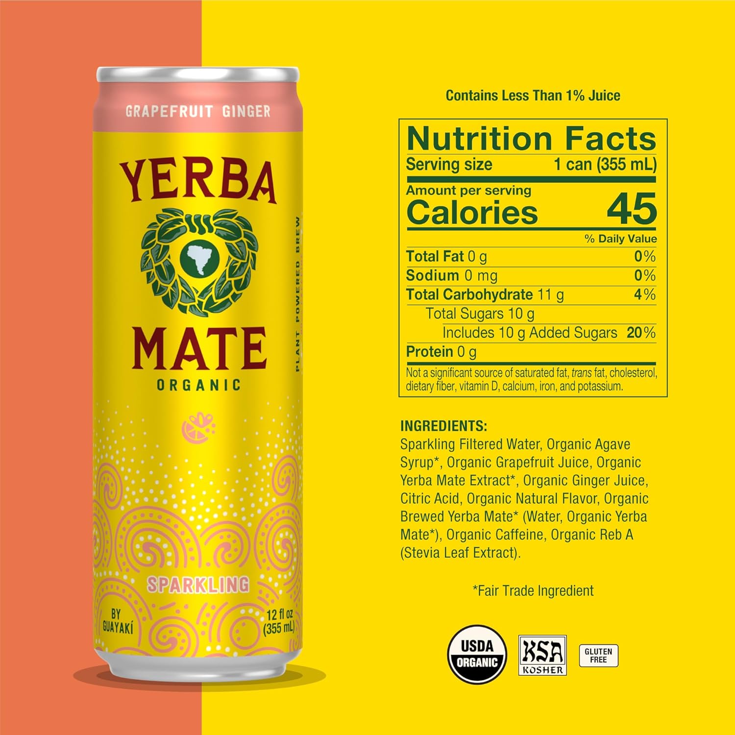 Guayakí Yerba Mate, Organic Sparkling Energy Drink Alternative, Grapefruit Ginger, 80Mg Natural Plant Based Caffeine, Smooth Energy & Focus, Carbonated, 15.5 Oz (Pack Of 12) (Packaging May Vary)