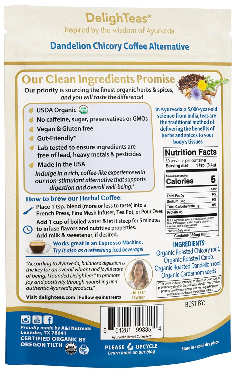 Delighteas Organic Coffee Alternative | Ayurvedic Herbal Chicory Dandelion Coffee | Coffee Substitute | Usda Organic, Caffeine Free, Gluten Free | With Sweet Notes Of Carob | 50 Servings, 6Oz