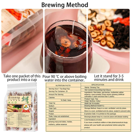 Ginseng Five Treasures Tea - Kidney Tea Wubao Tea Ginseng Red Date Natural Chinese Herbal Tea For Men Women 8.81Oz (250G/10G X25Pc), Te De Riñon Saludable Organica (1 Bag(25Pc))