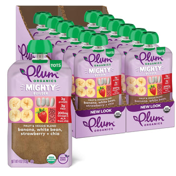 Plum Organics Mighty Builder Organic Toddler Food - Banana, White Bean, Strawberry, And Chia - 4 Oz Pouch (Pack Of 12) - Organic Fruit And Vegetable Toddler Food Pouch