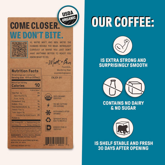 Wandering Bear Organic Vanilla Cold Brew Coffee On Tap, 96 Fl Oz - Extra Strong, Smooth, Unsweetened, Shelf-Stable, Ready To Drink Iced Coffee