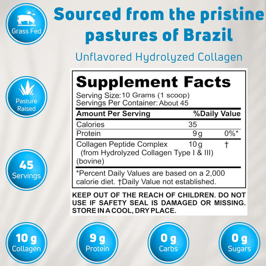 Unflavored Grass-Fed Collagen Peptides Protein Powder 1Lb, 45 Servings. Type 1 & 3 Hydrolyzed Bovine Collagen For Women & Men. 10G Collagen Powder & 9G Protein Per Serving For Skin, Hair, Nail Support