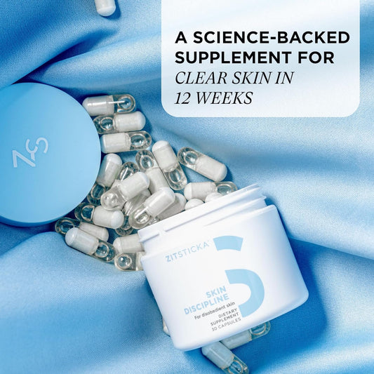 Zitsticka Cystic Acne For Women & Men W/ 30 Natural Caps W/ Multivitamin Oil & Probiotic Powder - Skin Discipline All-In-One Supplements For Hormonal Acne, Skin Clarity & Tone - Dermatologist Tested