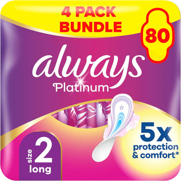 Always Platinum Sanitary Towels With Wings, Size 2, Long, 80 Towels (20 X 4 Packs), Big Pack, Odour Neutraliser, 5X Comfort