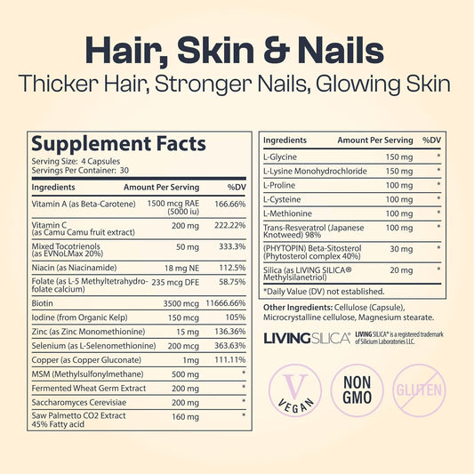 My Vida Origins Hair Skin And Nails | Thicker Hair, Stronger Nails, Vibrant Skin | Supports Natural Beauty | Zinc, Biotin, Vitamin E | Vegan 120 Capsules 1 Month Supply