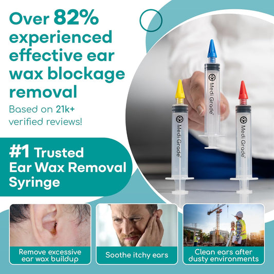 Medi Grade Ear Wax Removal Syringe - Natural Ear Cleaner For Safely Removing Ear Wax At Home - Reusable Ear Cleaning Kit With 3X Family Quad-Spray Safety Tips For Ear Irrigation - Ear Wax Removal Tool