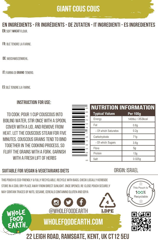 Wholefood Earth Giant Cous Cous 250 G | Gmo Free | Natural | Source Of Fibre