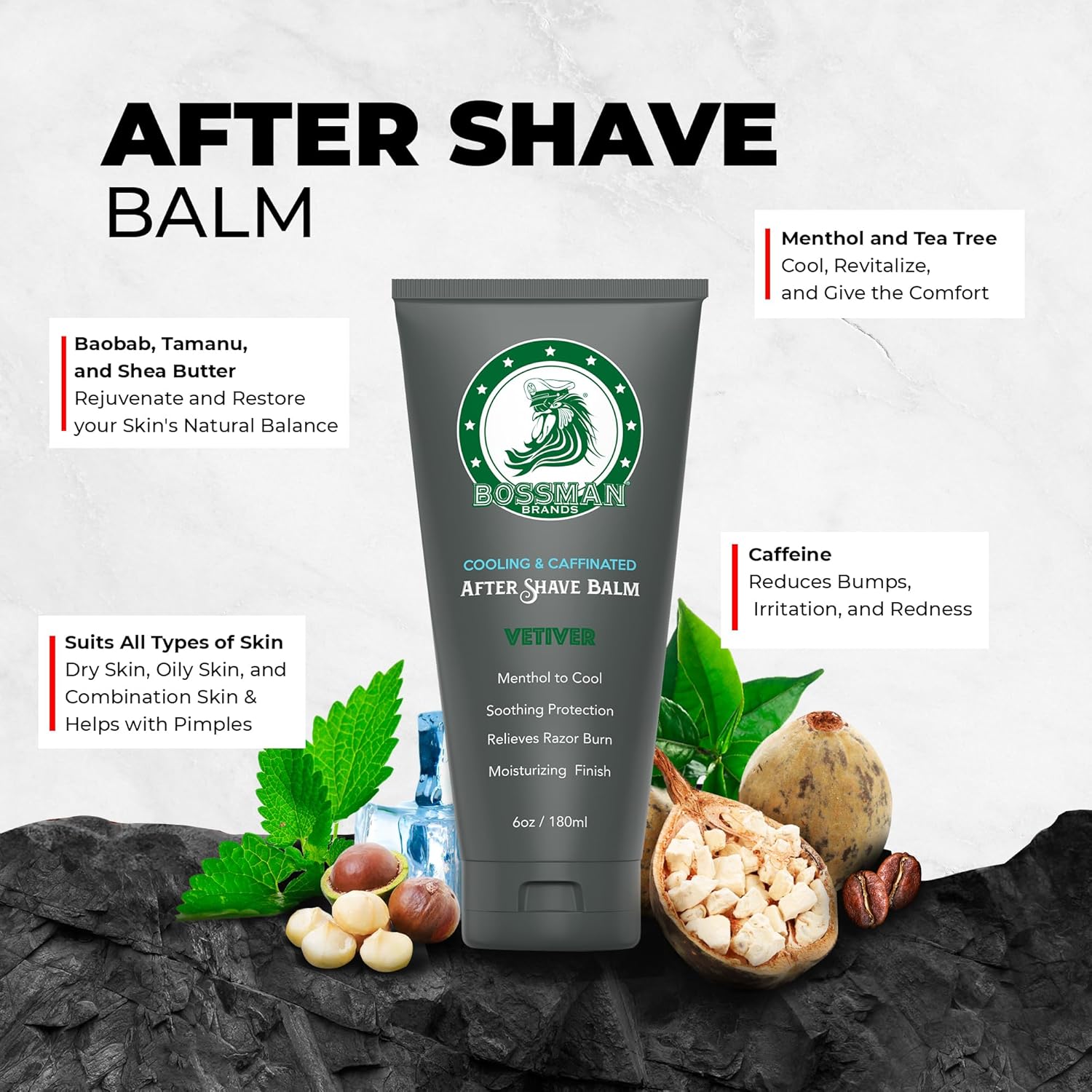 Bossman Cooling & Caffeinated After Shave Balm For Men – Soothes & Protects With Menthol, Caffeine & Tea Tree – Vetiver X Scent : Beauty & Personal Care