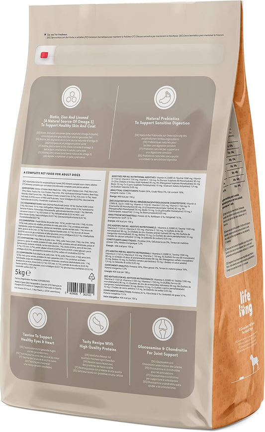 Amazon Brand - Lifelong - Complete Dry Dog Food Rich In Chicken And Rice For Medium And Large Breeds, 5 Kg5400606003521