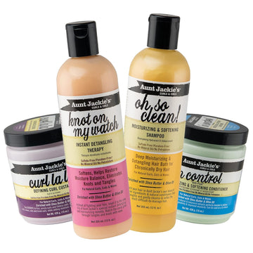 Aunt Jackie's Curls and Coils Perfect Hydrate Your Curls 4 Pack, Curl La La, Knot On My Watch, Oh So Clean, In Control, Mega-Moisturizing Natural Ingredients of Shea Butter and Olive Oil