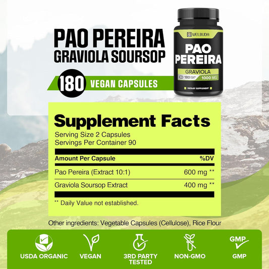 180 Capsules - 600Mg Pao Pereira Herb Extract 10:1 With 400Mg Graviola Soursop - Combined Formula For Immune System, Comfortable Mind, Body Management & Strength Support