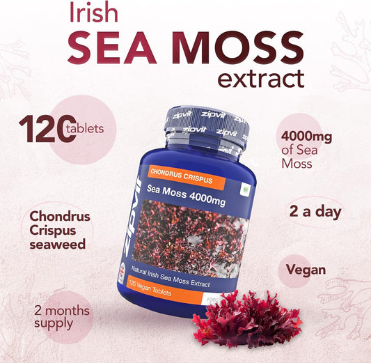 Zipvit Irish Sea Moss 4000Mg, 120 Vegan Tablets, High Strength Superfood, Naturally Rich In Minerals, 2 Month Supply, Responsibly Sourced Seaweed