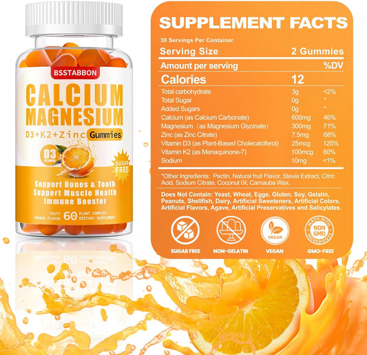Calcium Magnesium Zinc Gummies For Adult: With Vitamin D3 K2 For Women Men Organic Sugar Free Vegan Chewable Gummy - High Absorption For Immune Strength(60 Count)