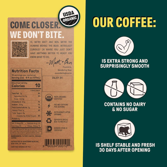 Wandering Bear Straight Black Organic Cold Brew Coffee On Tap, Iced Coffee, 96 Fl Oz - Extra Strong, Smooth, Unsweetened, Shelf-Stable, Ready To Drink, Cold Brewed Coffee, Cold Coffee