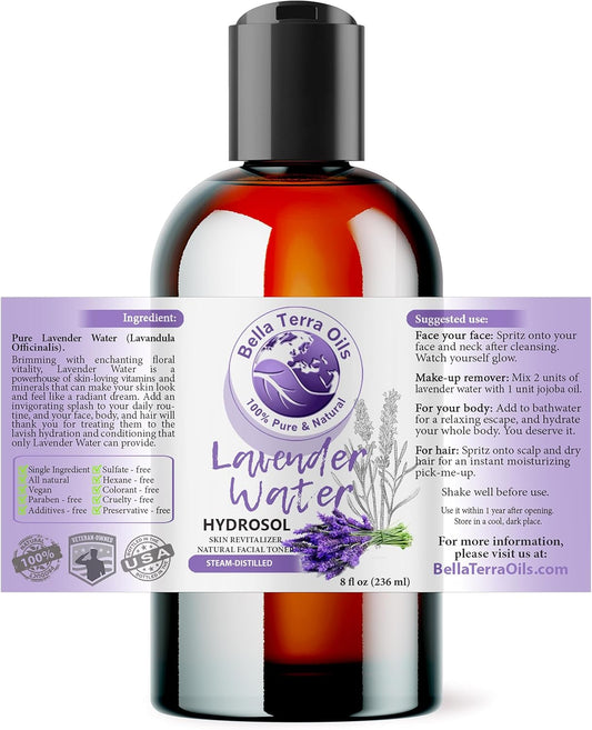 Bella Terra Oils - Lavender Water Spray 8 oz - Steam-Distilled Perfection, Bursting with Vitamin K & Omega-9, Elevate Your Skin Refreshment Routine