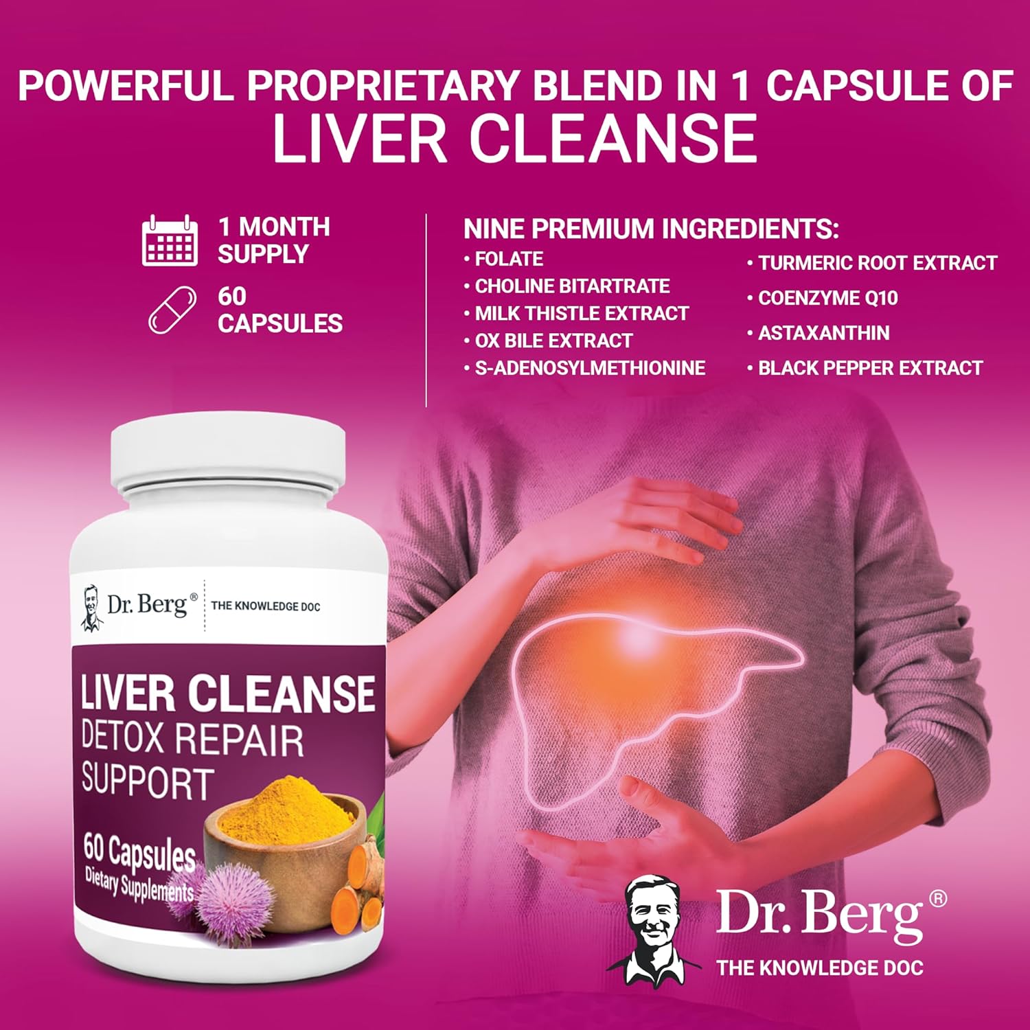 Dr. Berg Liver Cleanse Detox Capsules w/Unique Blend of Milk Thistle, Ox Bile & Folate - Liver Supplement Includes Turmeric, Black Pepper & Choline - 60 Capsules : Health & Household