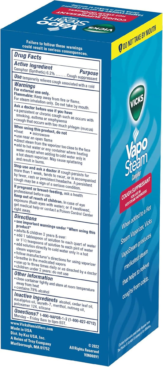 Vicks Vaposteam Medicated Liquid With Camphor, A Cough Suppressant, Helps Relieve Coughing, For Use In Vicks Vaporizers And Humidifiers, Fsa And Hsa Eligible, 8 Oz