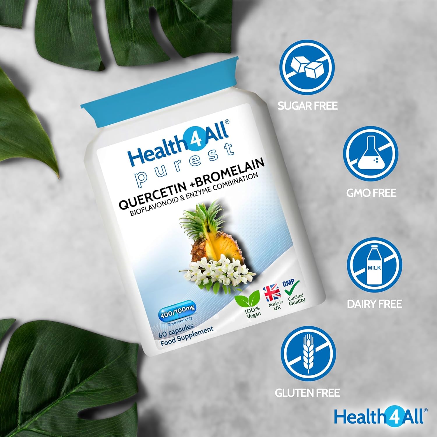 Health4All Quercetin 400mg + Bromelain 100mg per Capsule, Natural Antihistamine, Balances Immune Response, Pure Vegan 60 Capsules (not Tablets) | Made in UK : Amazon.co.uk: Health & Personal Care