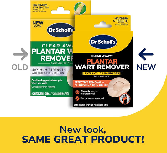 Dr. Scholl'S Clear Away Plantar Wart Remover Extra-Thick Bandages For Feet, 24 Treatments - Clinically Proven Effective Wart Removal And Cushioning Pain Relief, Comfortable Multi-Day Coverage Patches