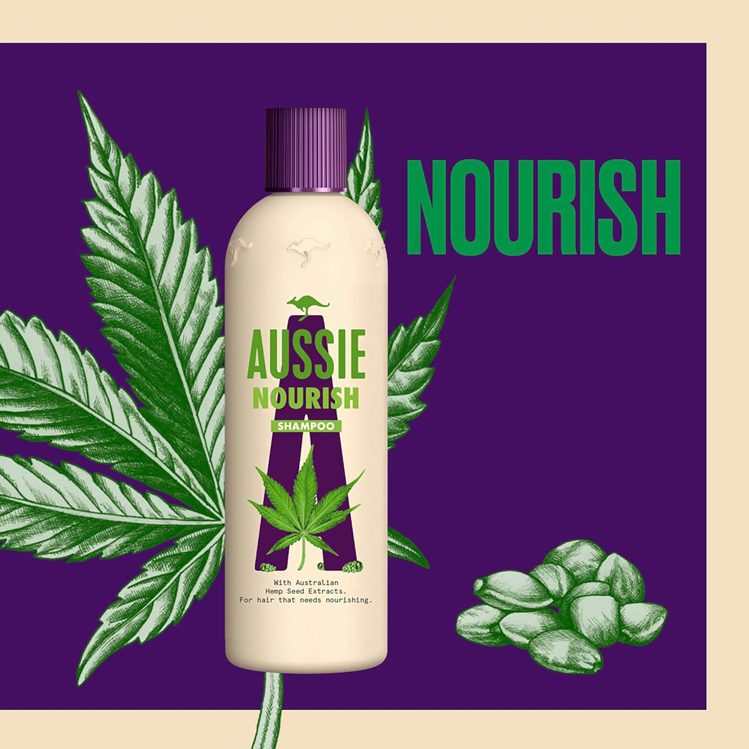 Aussie Nourish Shampoo For Hair That Craves For Care, 300 Ml, Women'S Shampoo With Hemp Seed Extract, Hemp Seeds, Hair Care For Dry Hair, Hemp Hair