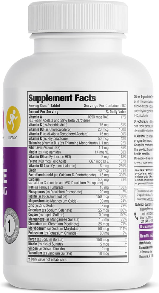 Bronson One Daily WomenāS Complete Multivitamin Multimineral Once-Daily Multi For Active Women, 180 Tablets