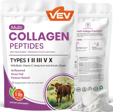 Vev Multi Collagen Peptides Powder, 1 Lb (41 Servings) – Type I, Ii, Iii, V, X, Hydrolyzed Collagen, Hyaluronic Acid Power, Biotin, Vitamin C, Supports Skin, Unflavored, Dissolves Easily