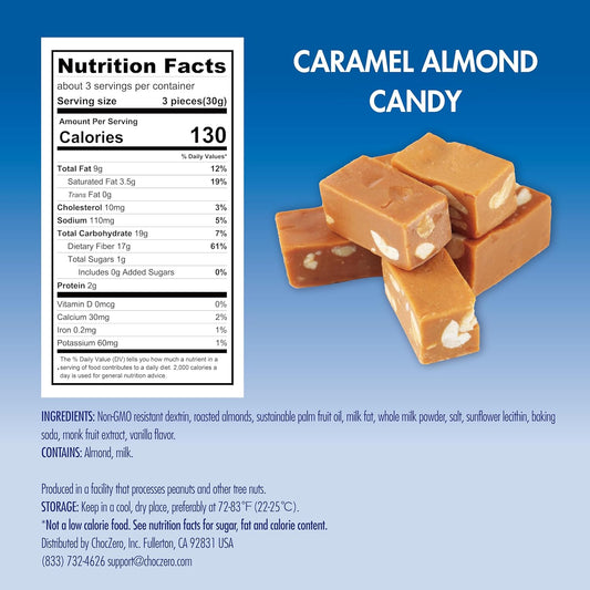 Choczero Sugar Free Almond Caramels, Soft And Chewy With Roasted Almonds, Keto Candy, All Natural, Low Carb Snack (3.5Oz Box)