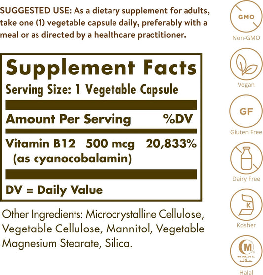 Solgar Vitamin B12 500 Mcg, 250 Vegetable Capsules - Energy Metabolism - Nervous System Support - Promotes Heart Health - Non-Gmo, Vegan, Gluten Free, Dairy Free, Kosher, Halal - 250 Servings