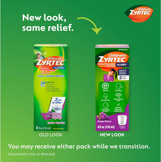 Zyrtec Children'S 24 Hour Allergy Relief Syrup, 5 Mg Cetirizine Hydrochloride Antihistamine, Kids Allergy Medicine For Indoor & Outdoor Allergy Relief, Dye- & Sugar-Free, Grape, 4 Fl. Oz