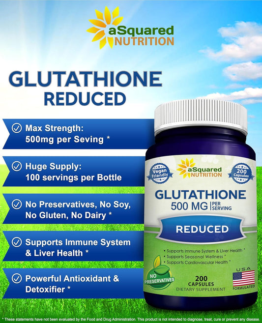 Asquared Nutrition Reduced Glutathione 500Mg Per Serving Supplement -200 Capsules -L-Glutathione Antioxidant To Support Liver Health & Detox - Max Strength Powder Pills To Help Immune & Brain Function