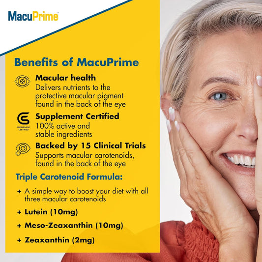 Macuprime Eye Health Supplements β Triple Carotenoid Formula Food Supplement To Support Normal Vision β Lutein, Meso-Zeaxanthin & Zeaxanthin, 30 Capsules β 1 Month Supply