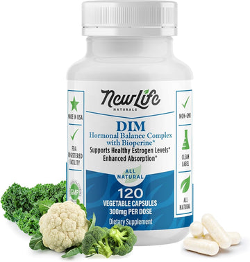 Newlife Naturals Dim Supplement 300Mg For Women & Men - Hormonal Acne, Estrogen Balance Pills, Post Menopause Relief | Healthy Estrogen Level | Hormonal Balance - Bioperine | Pcos - 120Ct