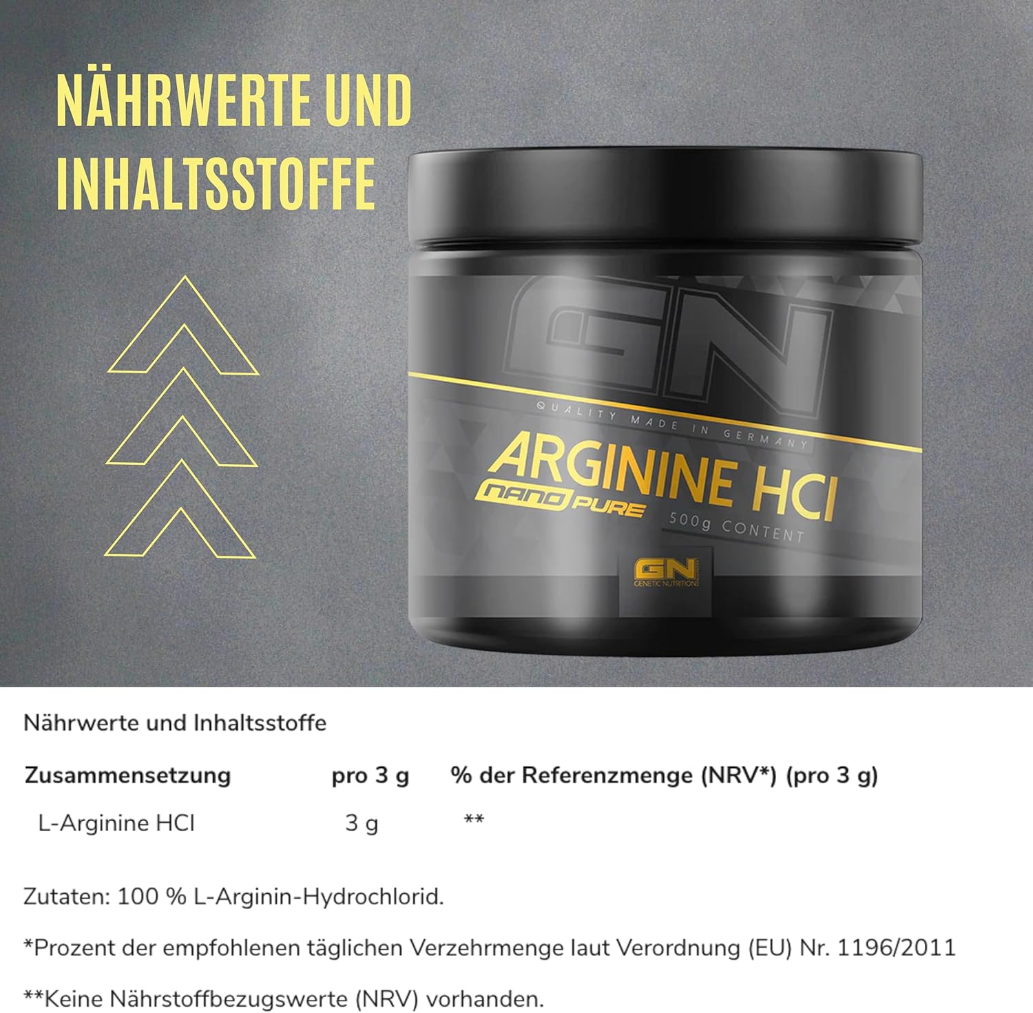 Nano Pure L-Arginine Hcl - High Dose & Pure L-Arginine Powder - 3 G Per Serving - Vegan, No Additives, Perfect Solubility - For Training, Fitness & Blood Circulation - 500 G - Gn Laboratories