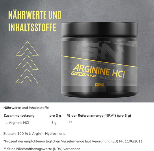 Nano Pure L-Arginine Hcl - High Dose & Pure L-Arginine Powder - 3 G Per Serving - Vegan, No Additives, Perfect Solubility - For Training, Fitness & Blood Circulation - 500 G - Gn Laboratories