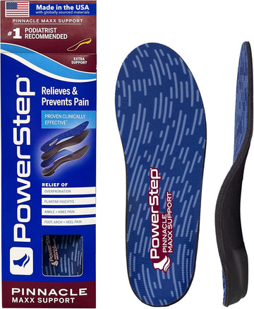 Powerstep Pinnacle Maxx Orthotic Insoles - Orthotics For Overpronation With Maximum Stability & Comfort - Firm + Flexible Angled Heel Style To Help Flat Feet - Heavy Duty Inserts