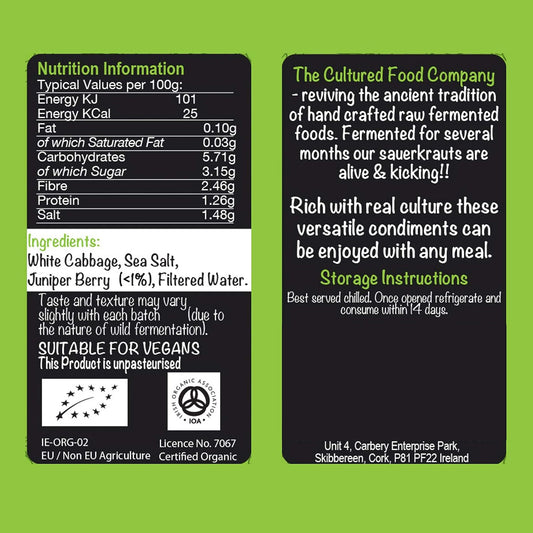 The Cultured Food Co. - Juniper Berry With Lemon And Cracked Black Pepper Sauerkraut 1Kg Jar - Organic, Probiotic, Raw & Unpasteurised - Traditionally Fermented - Handmade - No Preservatives - Vegan