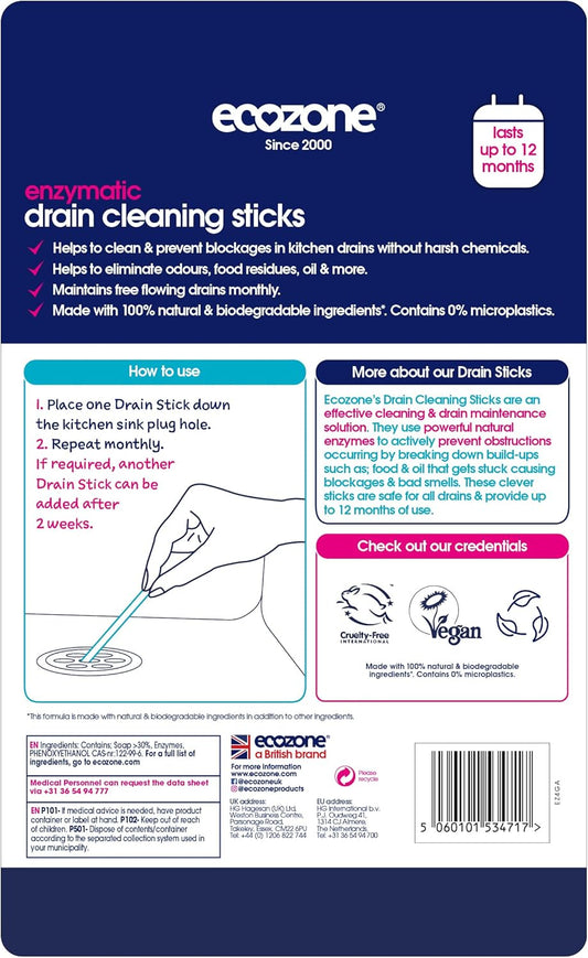 Ecozone Drain Cleaning Sticks, Enzymatic Pipe Unblocker, Prevents Plug Hole Obstructions & Keeps Water Flowing Freely, Natural Vegan & Non Toxic Kitchen & Bathroom Treatment Kit (X 12)