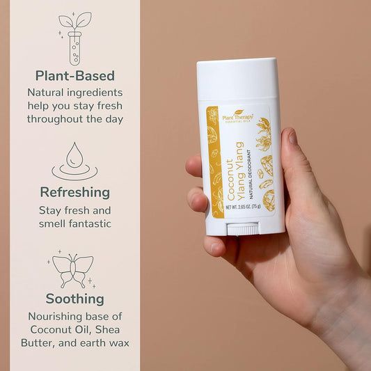 Plant Therapy Coconut Ylang Ylang Natural Deodorant for Men & Women 2.65 oz Aluminum Free, with Coconut Oil, Shea Butter, Earth Wax, & Baking Soda, Smooth Application, Effective Protection